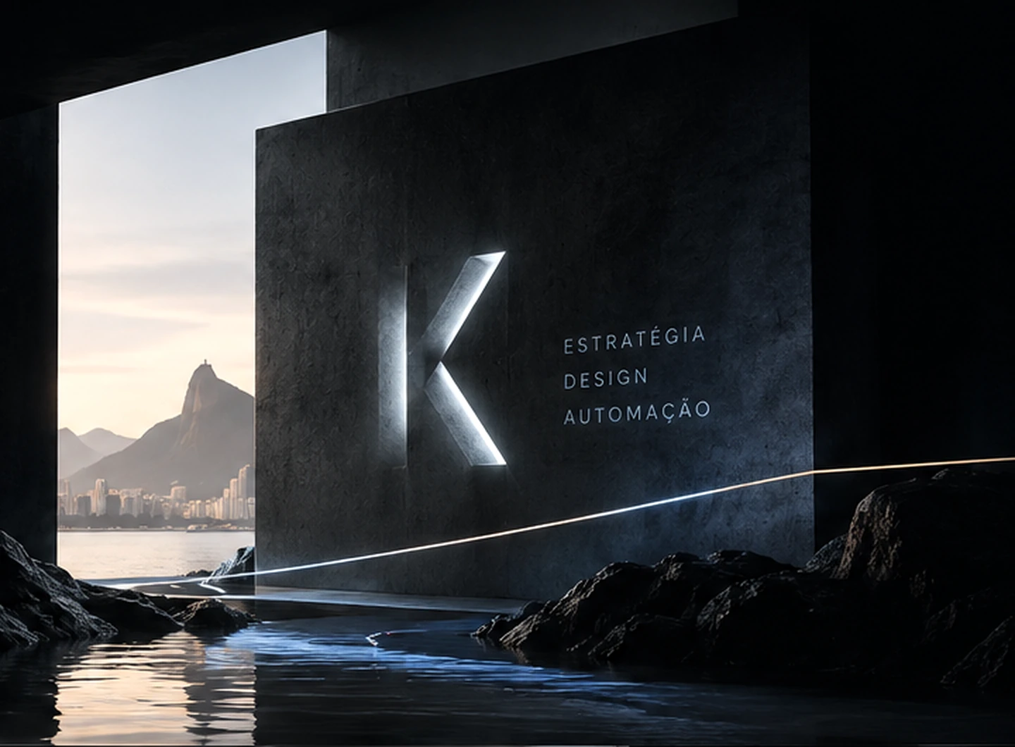 Cenário visual exclusivo da Kliqora Studio, com monólito K e paisagem do Rio de Janeiro